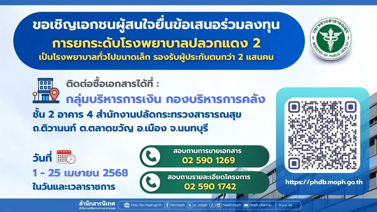 สธ.เปิดรับเอกชนร่วมทุน 'รพ.ปลวกแดง 2' อีอีซี  BOIให้สิทธิพิเศษ