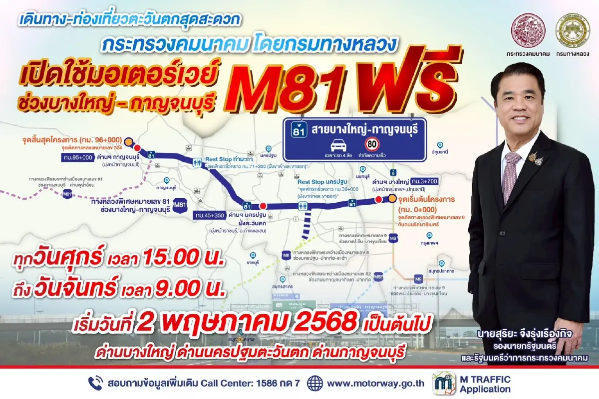 ทางด่วนฟรี ทุกวันศุกร์ ถึงวันจันทร์ มอเตอร์เวย์ M81 บางใหญ่ – กาญฯ