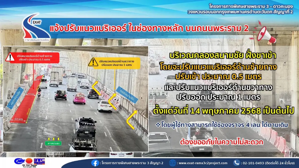 กระทบทุกคน ถนนพระราม 2 ปรับแนวแบริเออร์ ช่องทางหลัก คลองสนามชัย