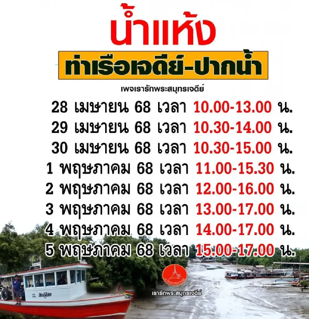เช็กตารางน้ำลด ท่าเรือเจดีย์-ปากน้ำ เรือข้ามฟากงดบริการ น้ำแห้ง