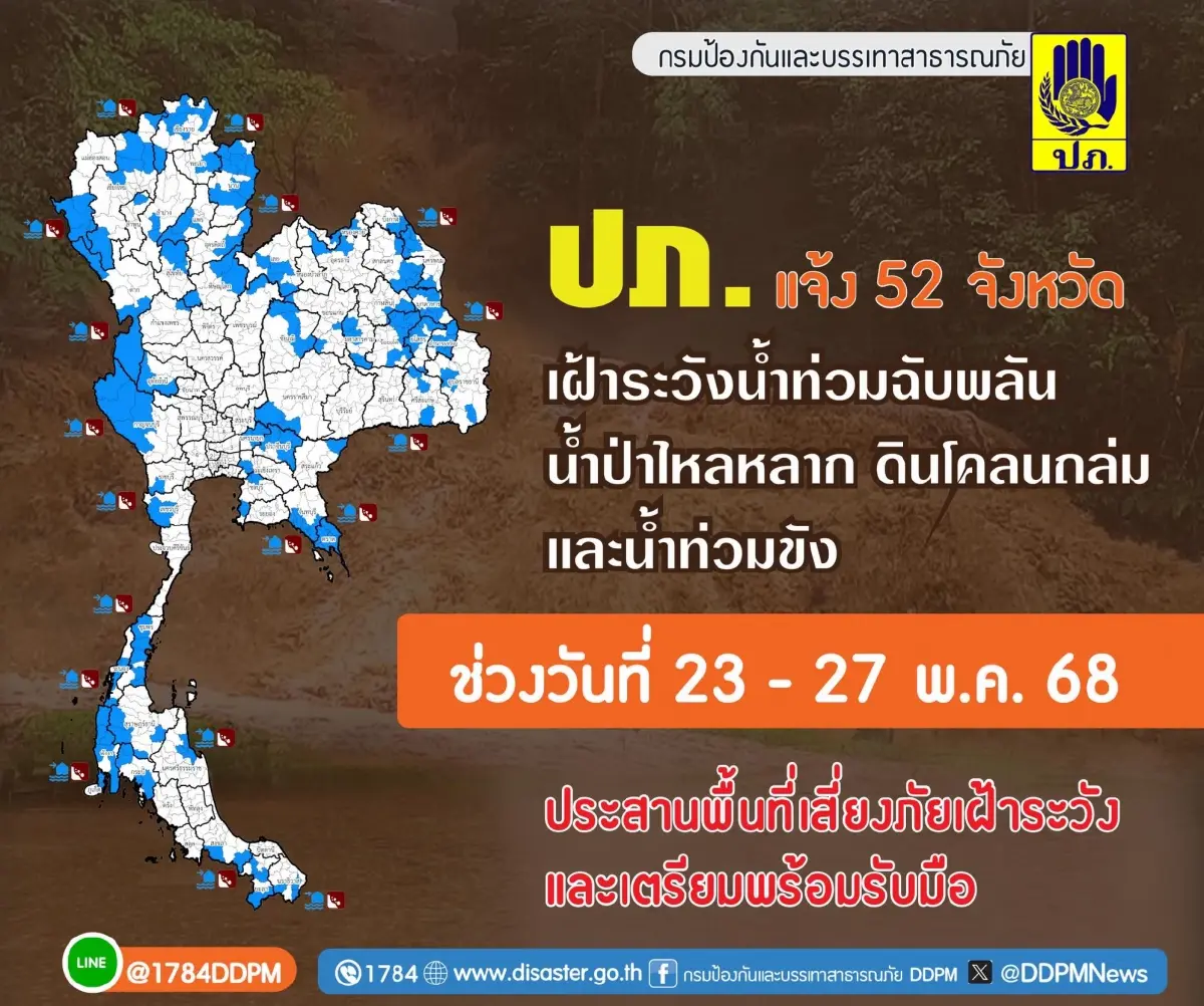 เปิดพิกัด 52 จังหวัด เฝ้าระวังน้ำท่วมฉับพลัน ดินถล่ม 23 – 27 พ.ค. 68