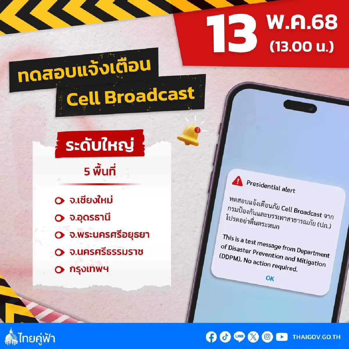 กรุงเทพ เชียงใหม่ อยุธยา อุดรธานี นครศรีฯ ทดสอบ Cell Broadcast วันนี้