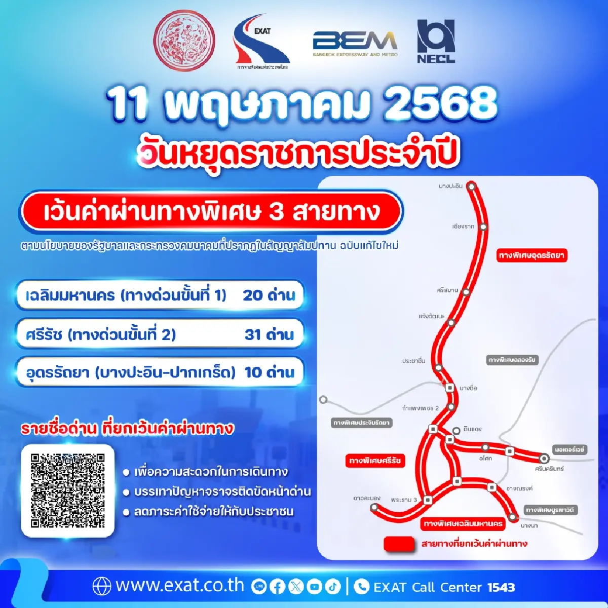 11 พฤษภาคม 2568 วันวิสาขบูชา วันหยุดราชการ ขึ้นทางด่วนฟรี 3 สายทาง