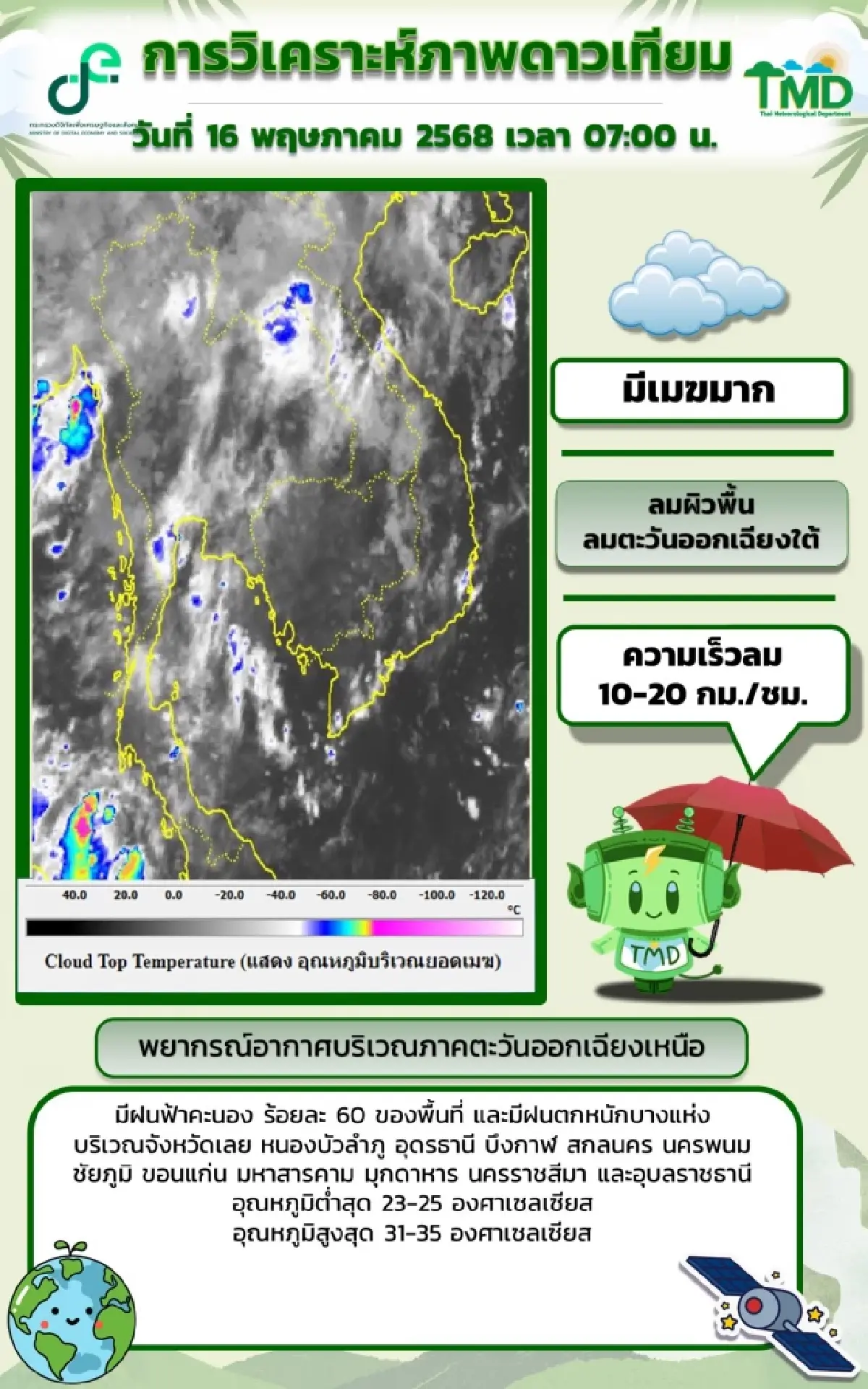 พบกลุ่มฝนเคลื่อนที่ถล่มอีสาน ฝนตกหนัก 12 จังหวัดเสี่ยงสุด ฝน 60%