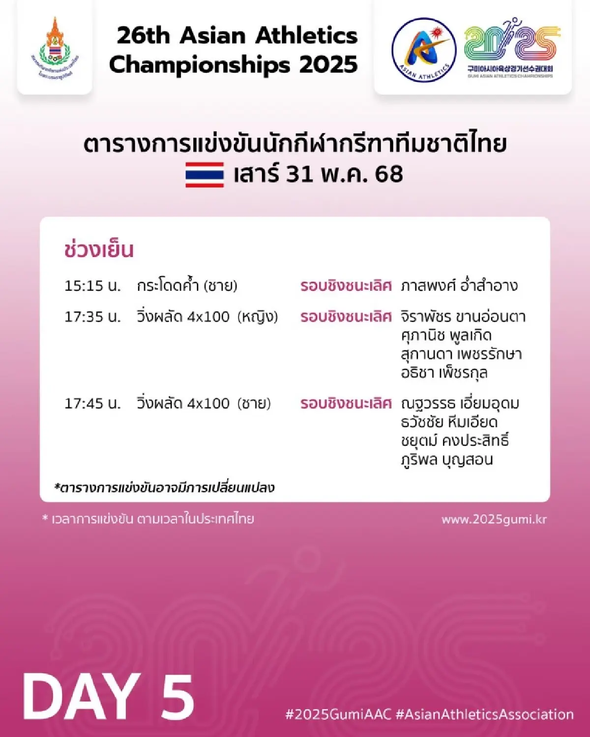 'เทพบิว' นำทีมชาติไทย ชิงเหรียญทอง วิ่งผลัด 4x100 ชิงแชมป์เอเชีย