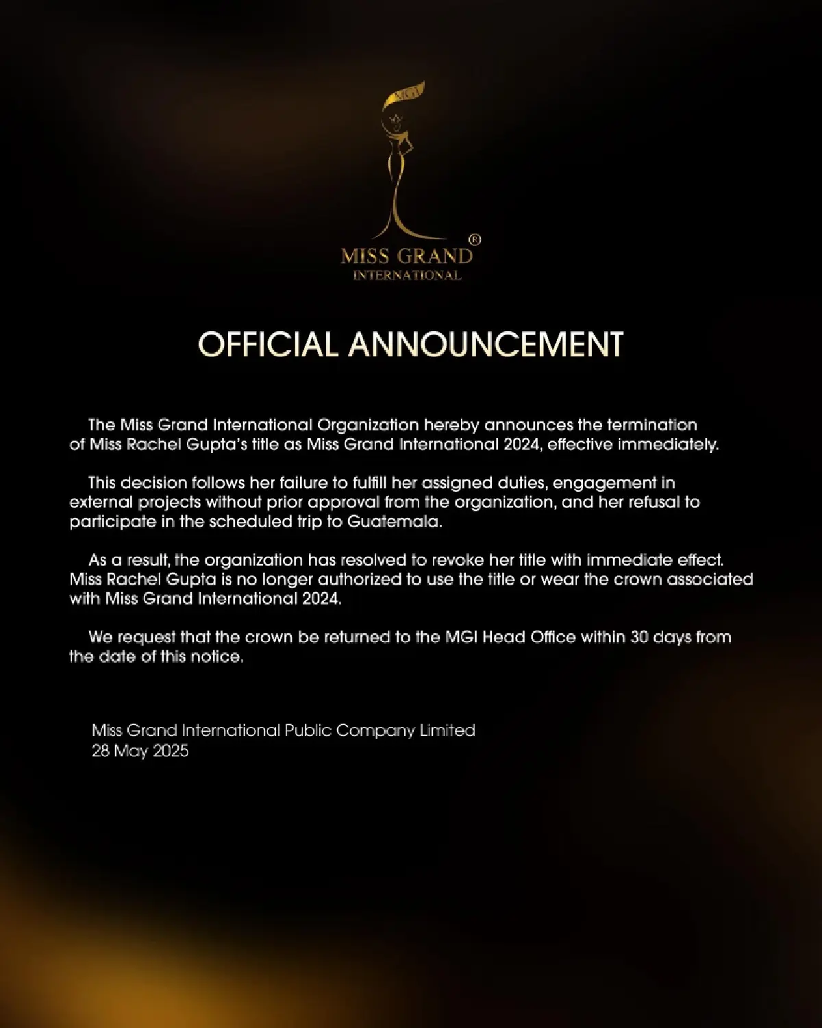 MGI ปลด 'เรเชล คุปตะ' พ้น มิสแกรนด์อินเตอร์ฯ 2024 คืนมงกุฎใน 30 วัน