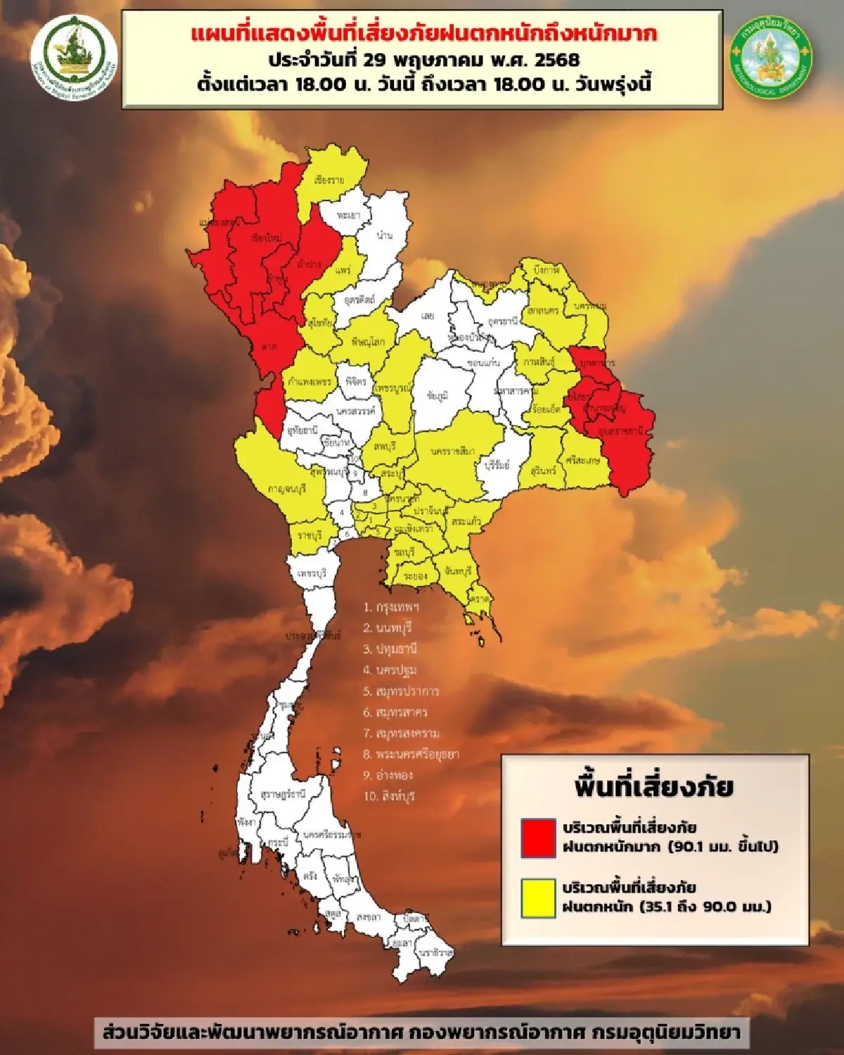 กทม. ฝนฟ้าคะนอง 70% เตือน 43 จังหวัด ฝนตกหนัก เสี่ยงน้ำท่วม - ดินถล่ม