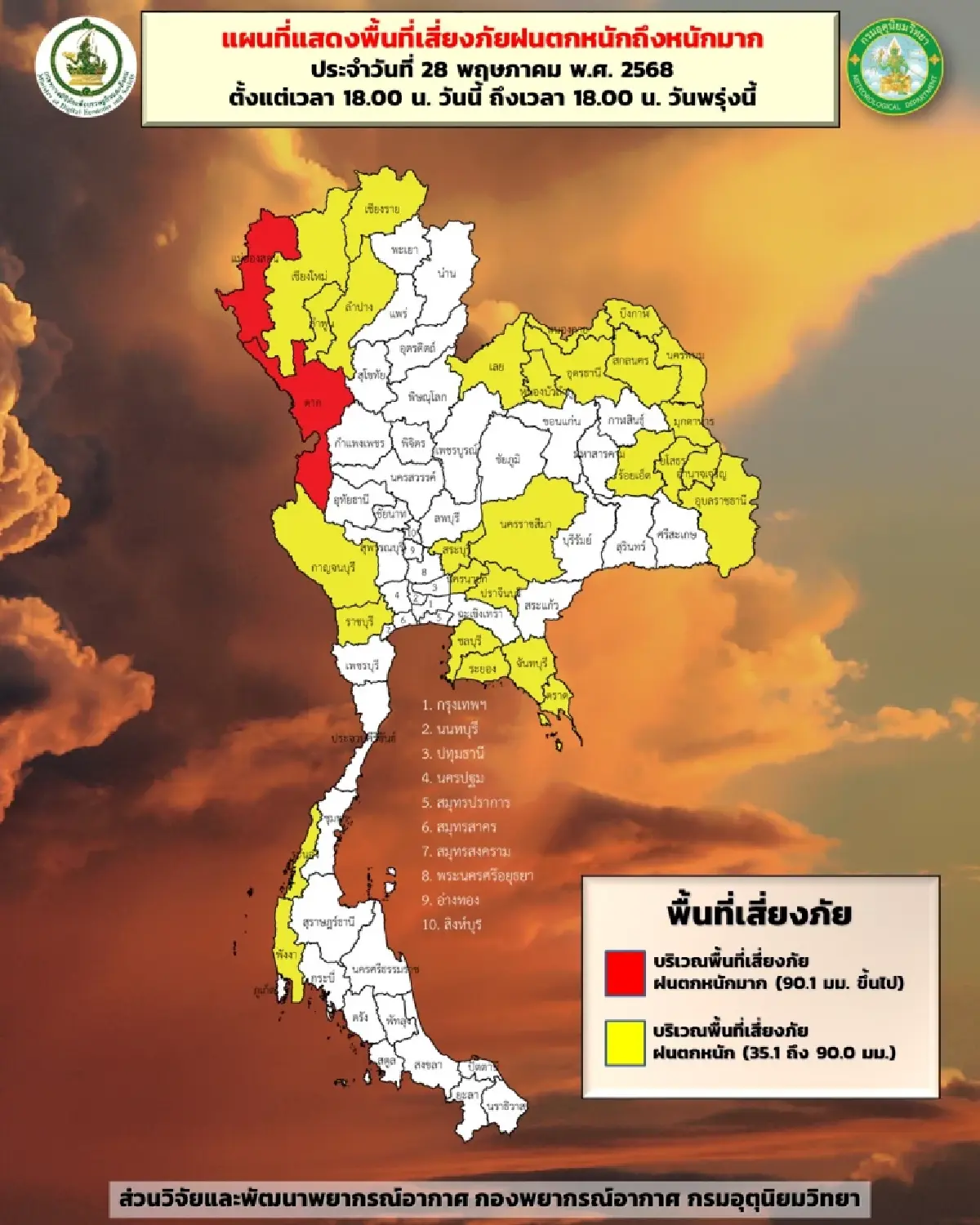เตือน 33 จังหวัด ฝนตกหนัก เสี่ยงน้ำท่วม ดินถล่ม - กทม. ฝนฟ้าคะนอง 60%