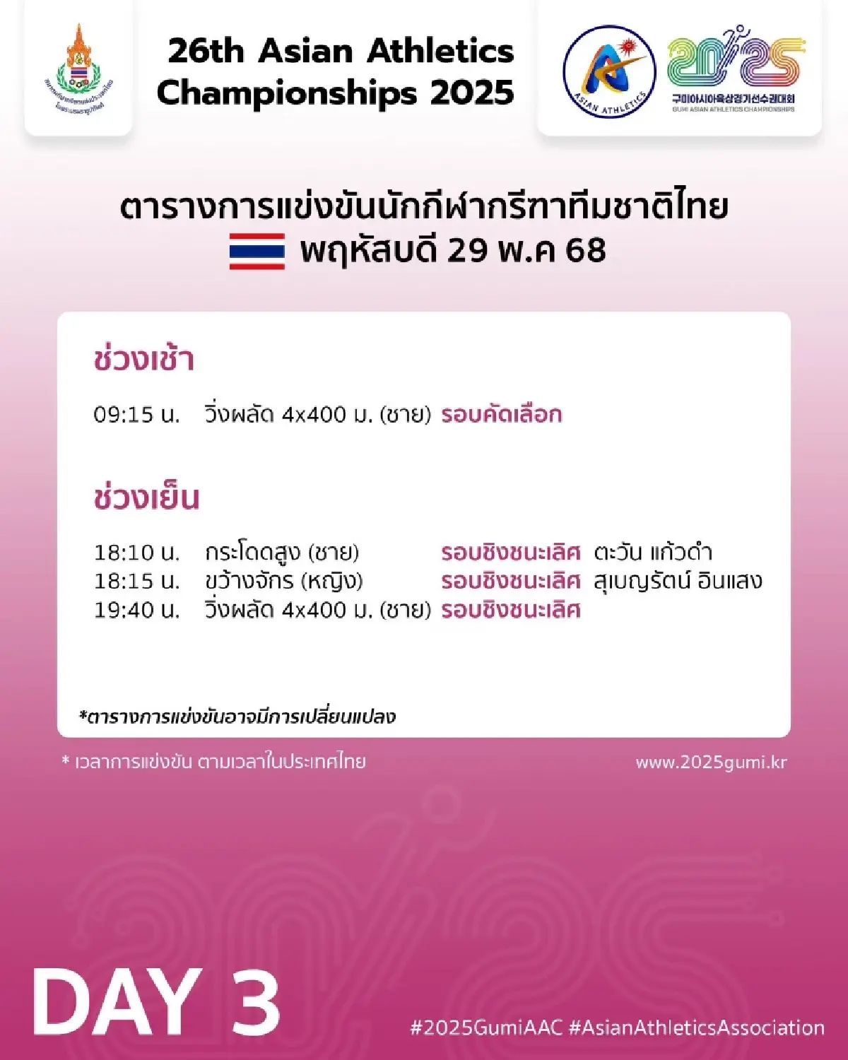 ดูกรีฑาสด ขว้างจักรหญิง เบญ สุเบญรัตน์ อินเเสง ชิงแชมป์เอเชีย 2025