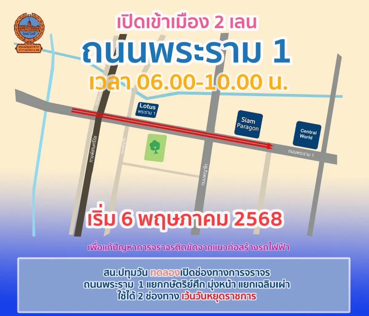 เริ่มแล้ว เปิดถนน 2 เลนเข้าเมือง ถนนพระราม 1 แก้รถติด สร้างรถไฟฟ้า