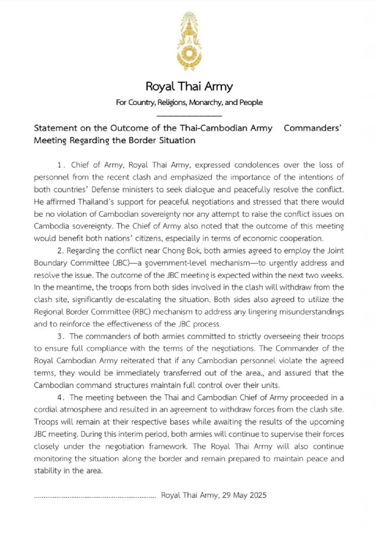 เปิด!แถลงการณ์ 4 ข้อ  ทบ. ยันทหารไทย-กัมพูชา ถอนกำลังจุดปะทะช่องบกแล้ว