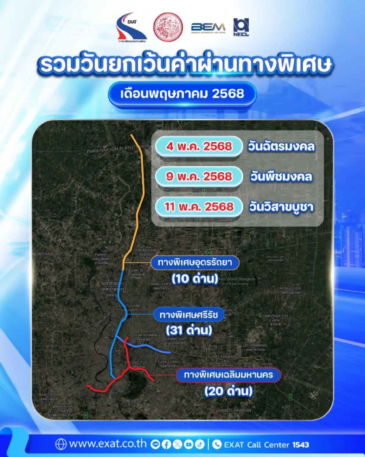 เดือนพฤษภาคม 2568 "ขึ้นทางด่วนฟรี" 3 วัน ยกเว้นค่าผ่านทาง 3 สายทาง