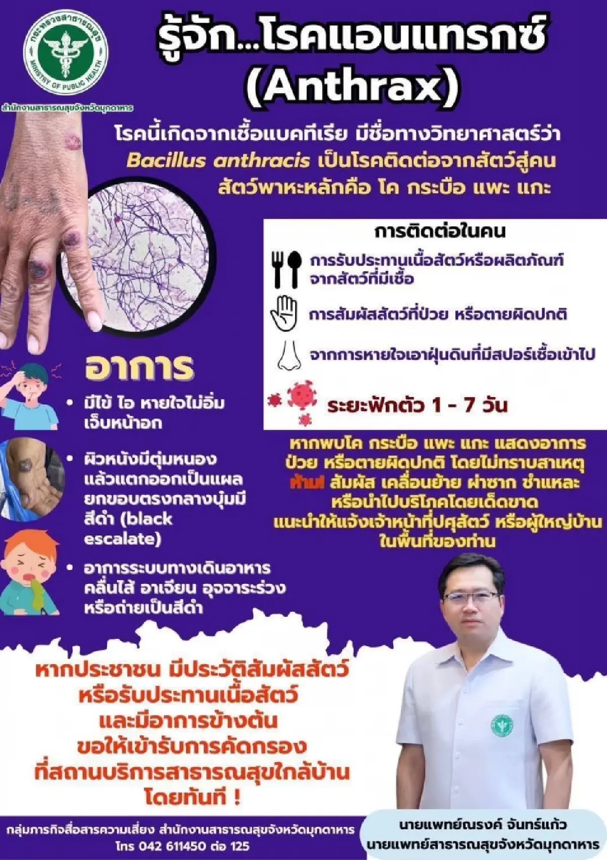 มุกดาหาร ประกาศพื้นที่ควบคุมโรคแอนแทรกซ์ ชาวบ้านตายกินเนื้อวัวดิบงานบุญ