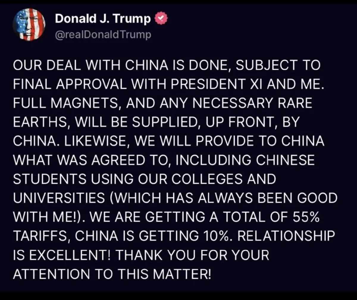 ทรัมป์เผยปิดดีลการค้า-แร่หายากกับจีนแล้ว สรุปภาษีจีนที่ 55%