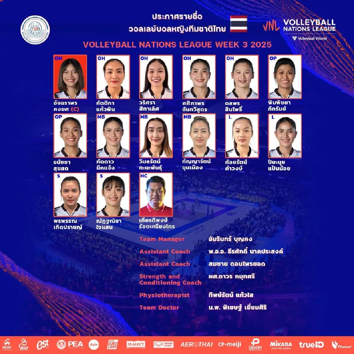 ตารางถ่ายทอดสด รายชื่อผู้เล่นวอลเลย์บอลหญิงทีมชาติไทย VNL 2025 สนาม 3