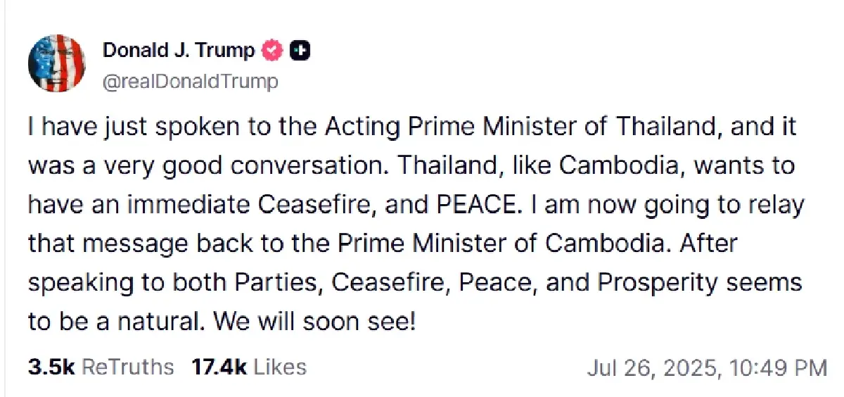 สรุปรวมทรัมป์โพสต์'ทรูธโซเชียล' คุยผู้นำกัมพูชา-ไทย