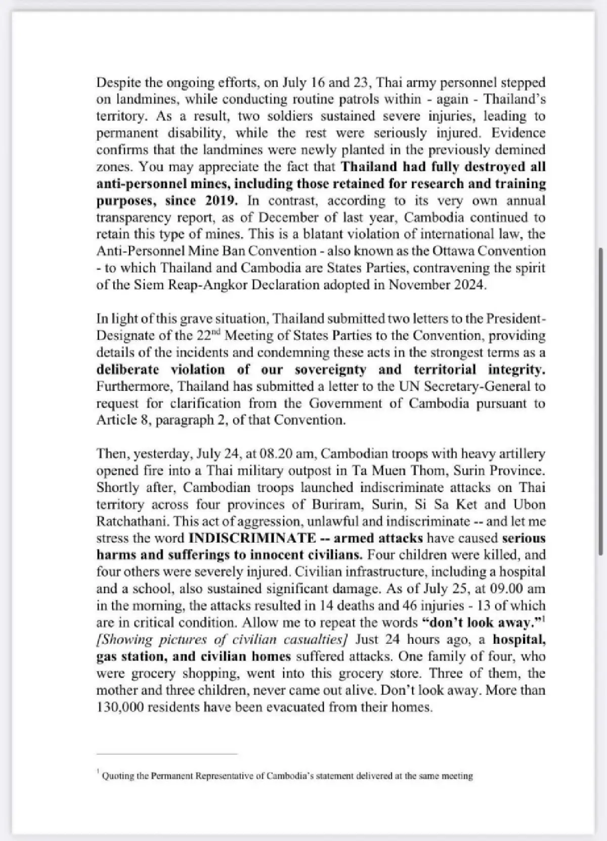 เปิดถ้อยแถลงทูตไทยต่อ UNSC ประณามกัมพูชาไร้มนุษยธรรม