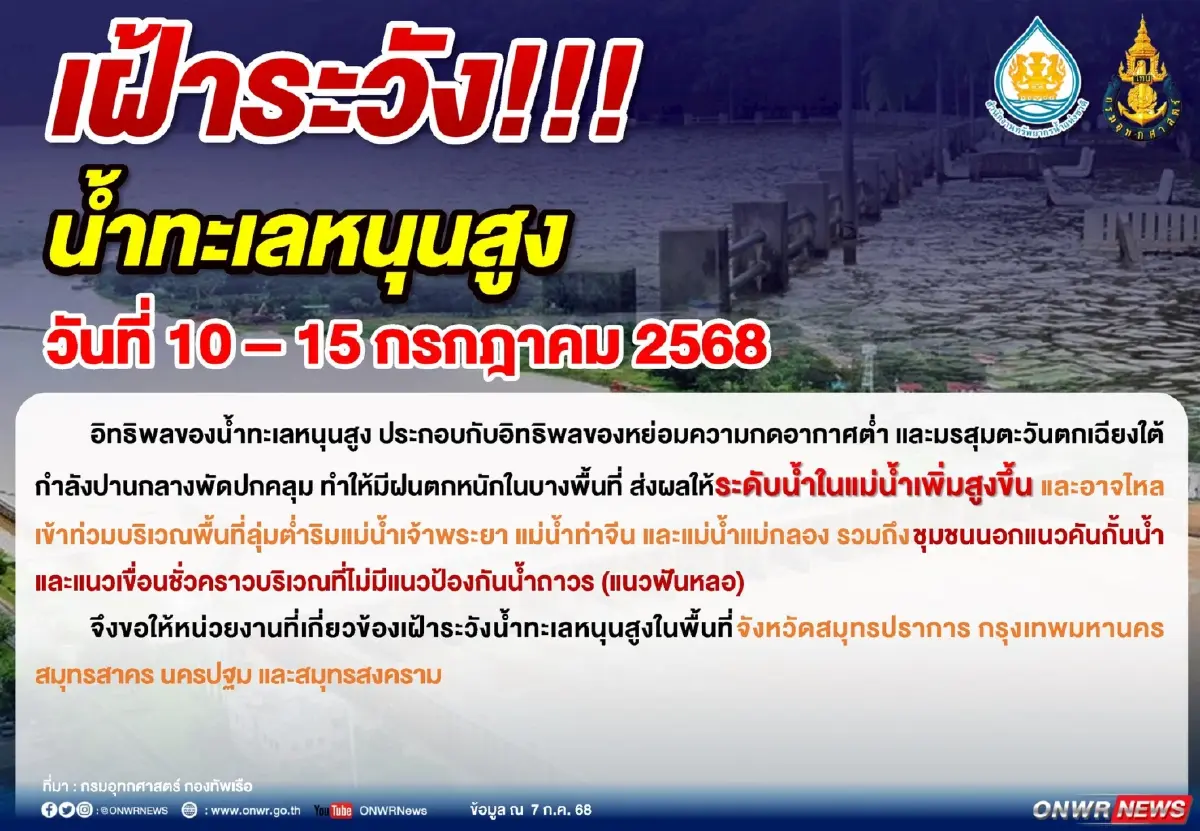 เช็กพื้นที่เสี่ยงน้ำท่วม สทนช. เตือน น้ำทะเลหนุนสูง 10-15 ก.ค. นี้