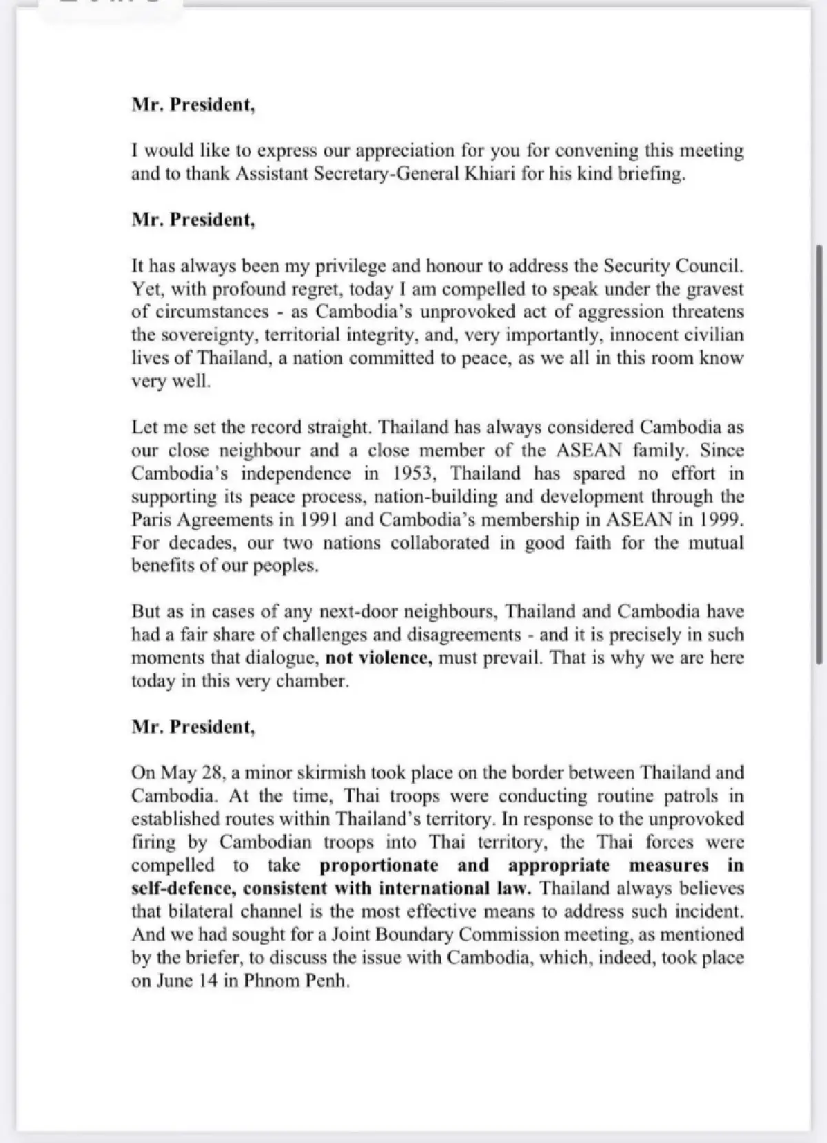 เปิดถ้อยแถลงทูตไทยต่อ UNSC ประณามกัมพูชาไร้มนุษยธรรม