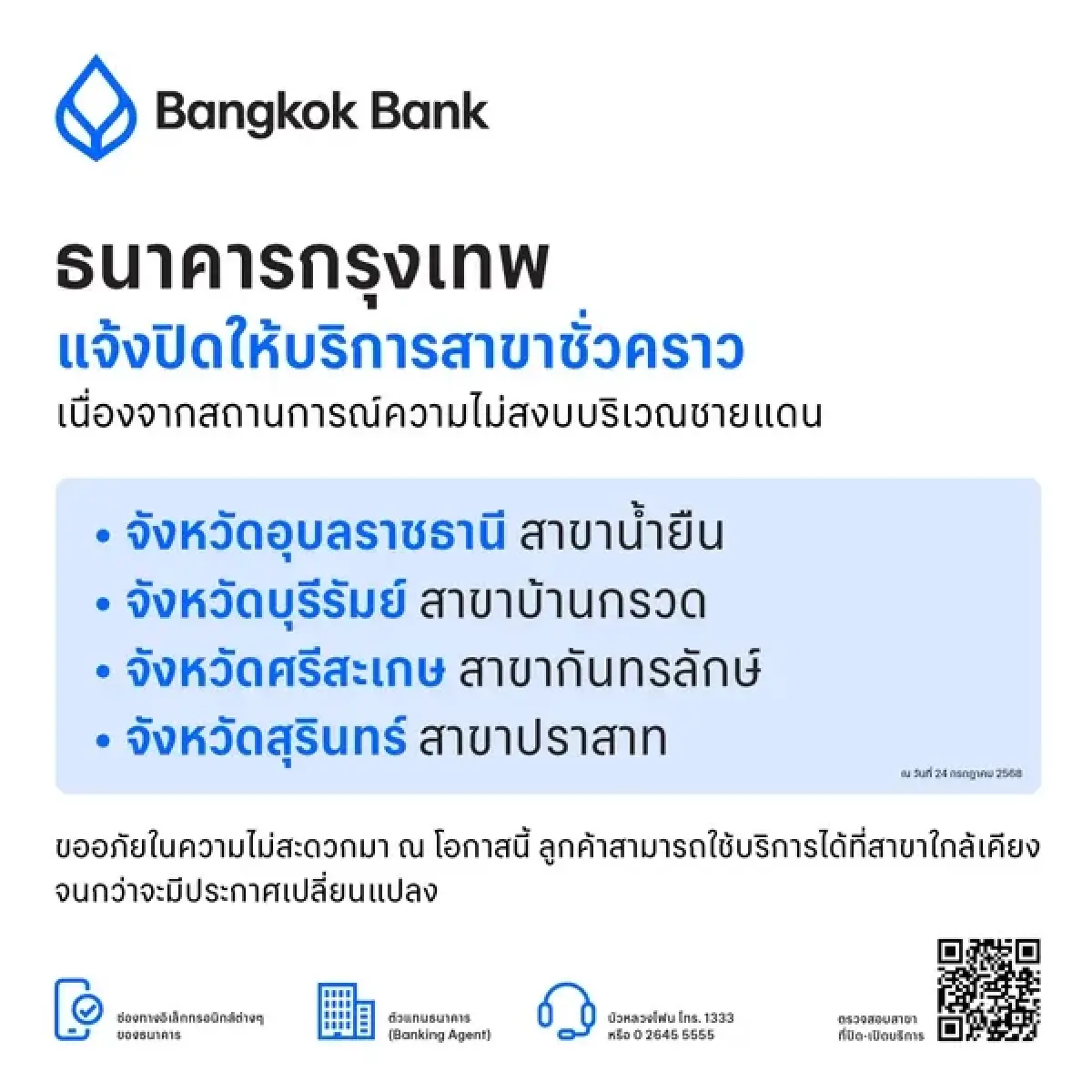 เช็กเลย 5 ธนาคารใหญ่ พื้นที่ชายแดนไทย-กัมพูชา ปิดสาขาชั่วคราว