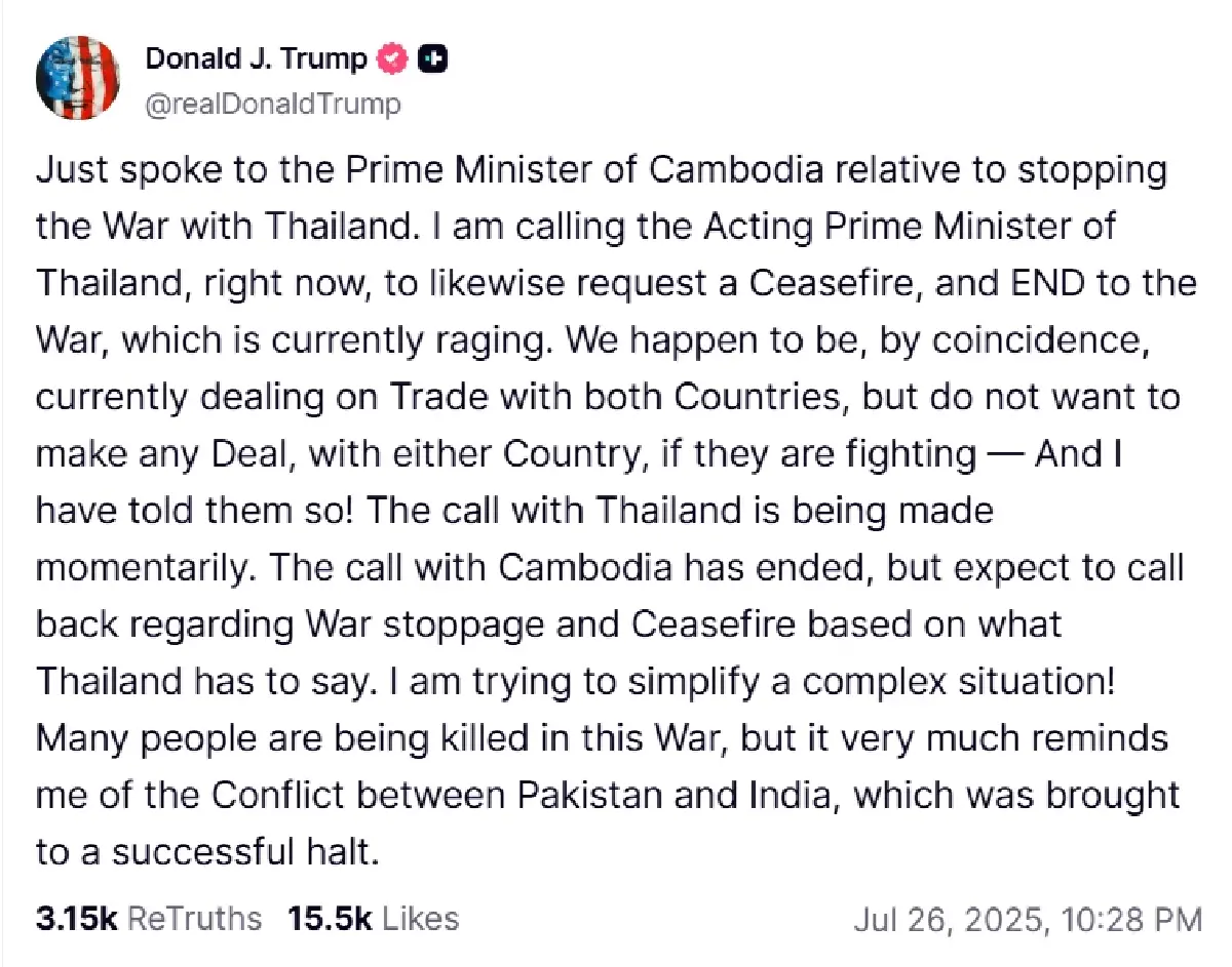 สรุปรวมทรัมป์โพสต์'ทรูธโซเชียล' คุยผู้นำกัมพูชา-ไทย