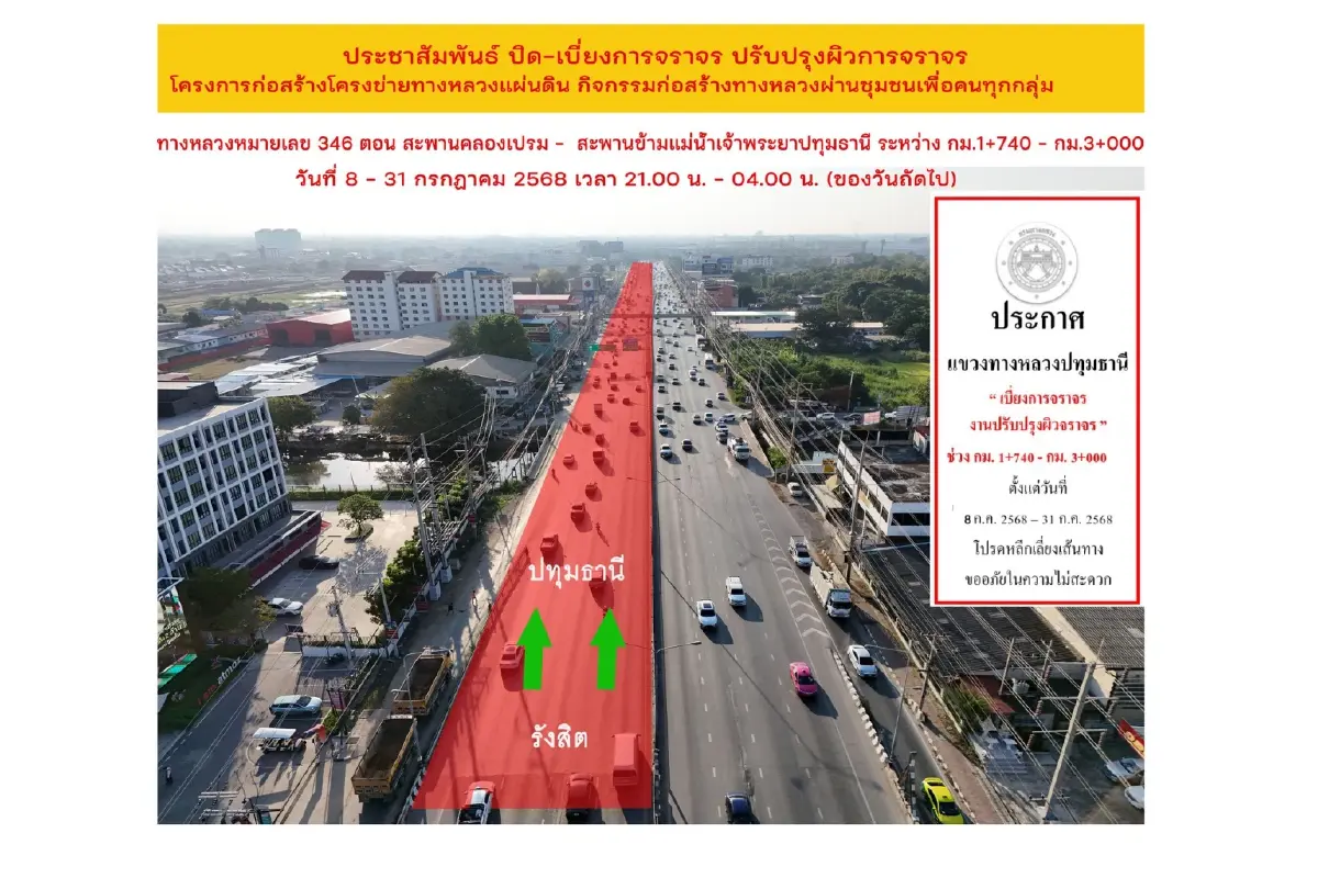 กระทบคนรังสิต ปิดถนน ทล.346 สะพานคลองเปรม-ข้ามแม่น้ำเจ้าพระยา