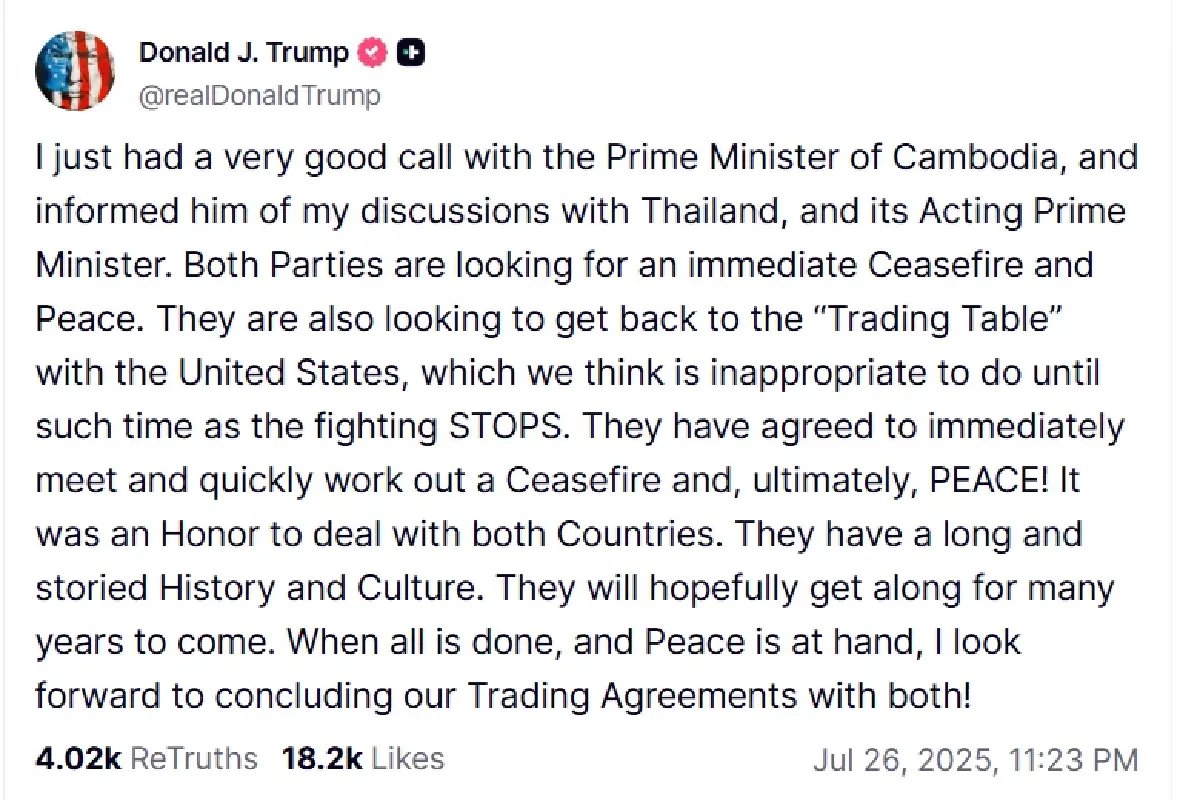 สรุปรวมทรัมป์โพสต์'ทรูธโซเชียล' คุยผู้นำกัมพูชา-ไทย