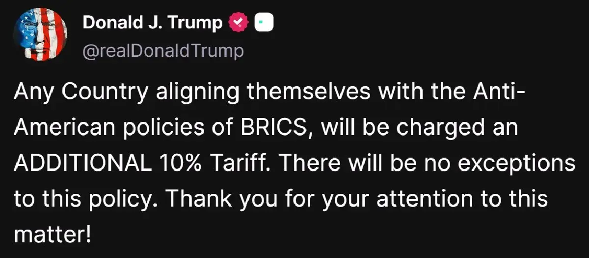 ทรัมป์ขู่เก็บภาษีกลุ่ม BRICS เพิ่มอีก 10% สำหรับประเทศ 'ต่อต้านอเมริกา'