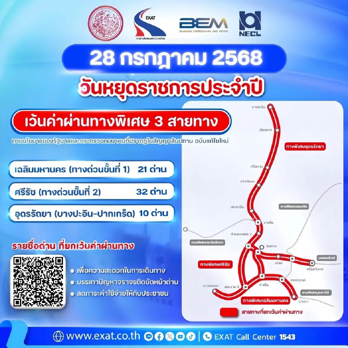 28 กรกฎาคม 2568 วันหยุดราชการ ขึ้นทางด่วนฟรี ยกเว้นค่าผ่านทาง 3 สายทาง