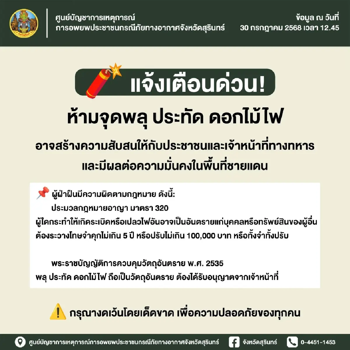 คุมเข้มชายแดน! สุรินทร์ ประกาศห้ามจุดพลุ ประทัด โทษหนักถึงจำคุก