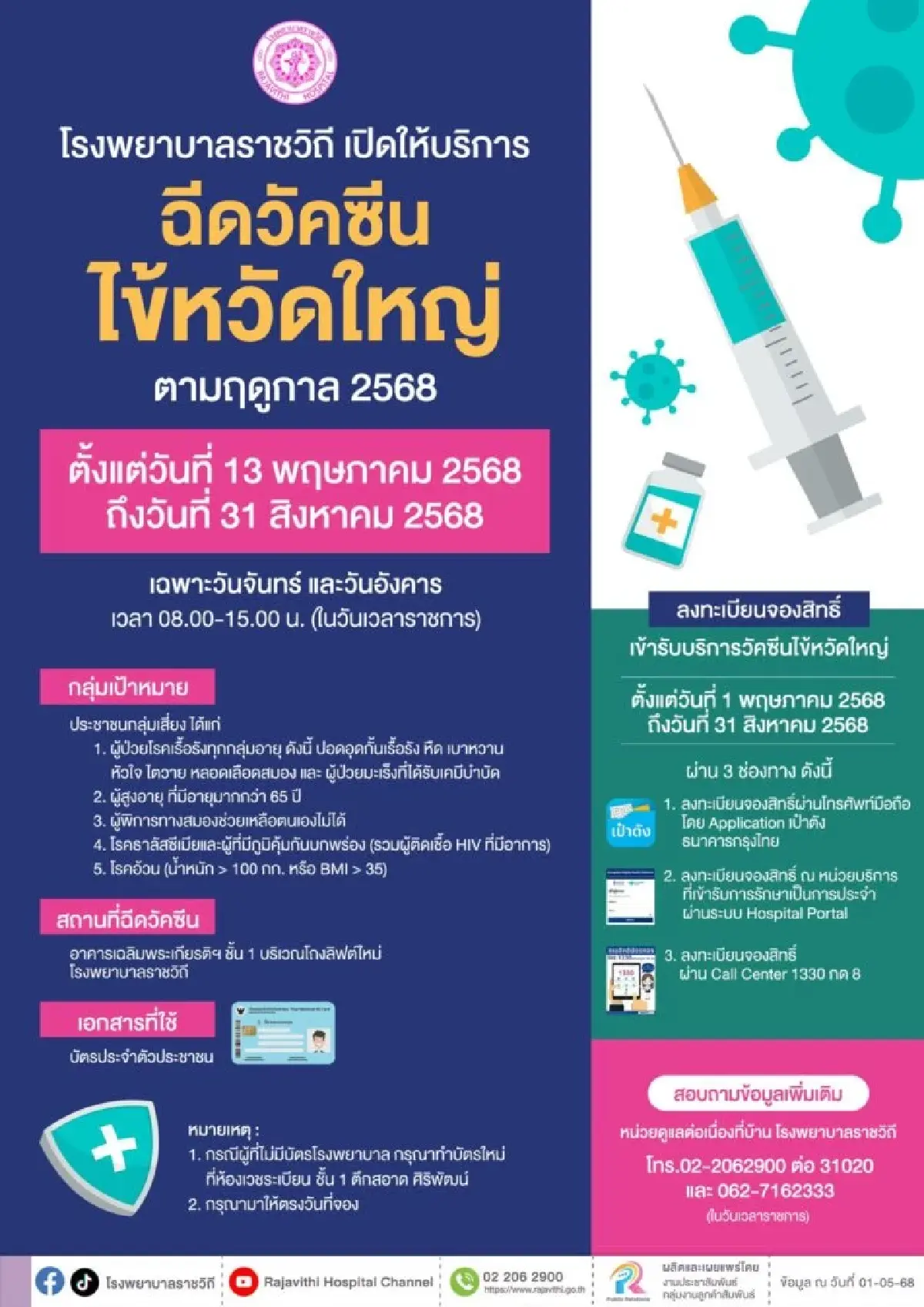 โรงพยาบาลราชวิถี เปิดบริการฉีดวัคซีนไข้หวัดใหญ่ฟรี ตามฤดูกาล 2568