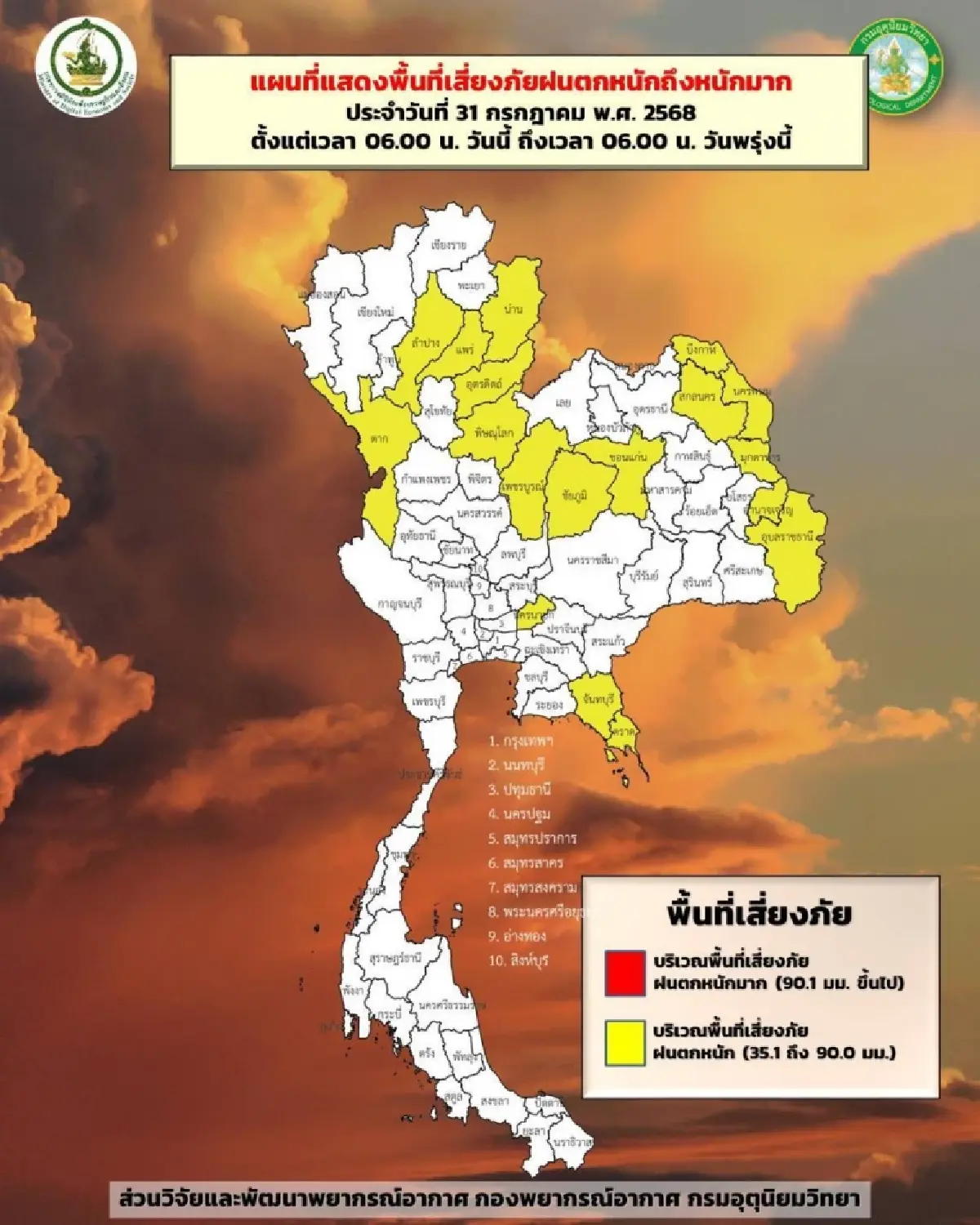 อากาศวันนี้ กรมอุตุ ประกาศรายชื่อ 32 จังหวัด มีฝนตก ฟ้าคะนอง