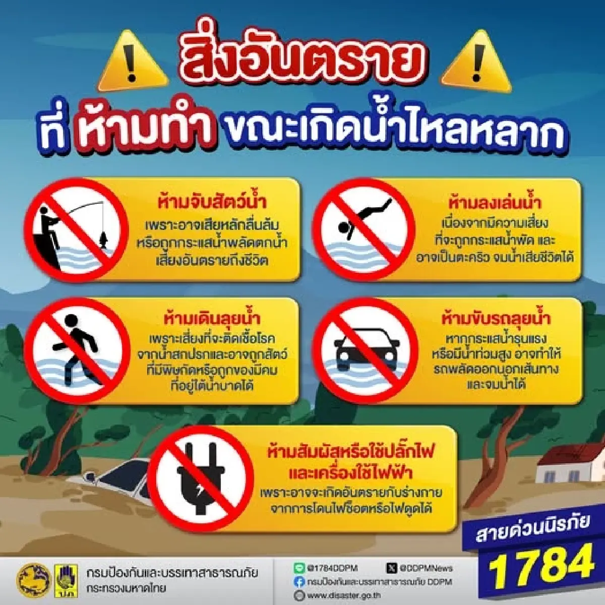 เปิด 5 พฤติกรรมเสี่ยง ปภ. เตือน ห้ามทำเด็ดขาด ช่วงน้ำหลาก