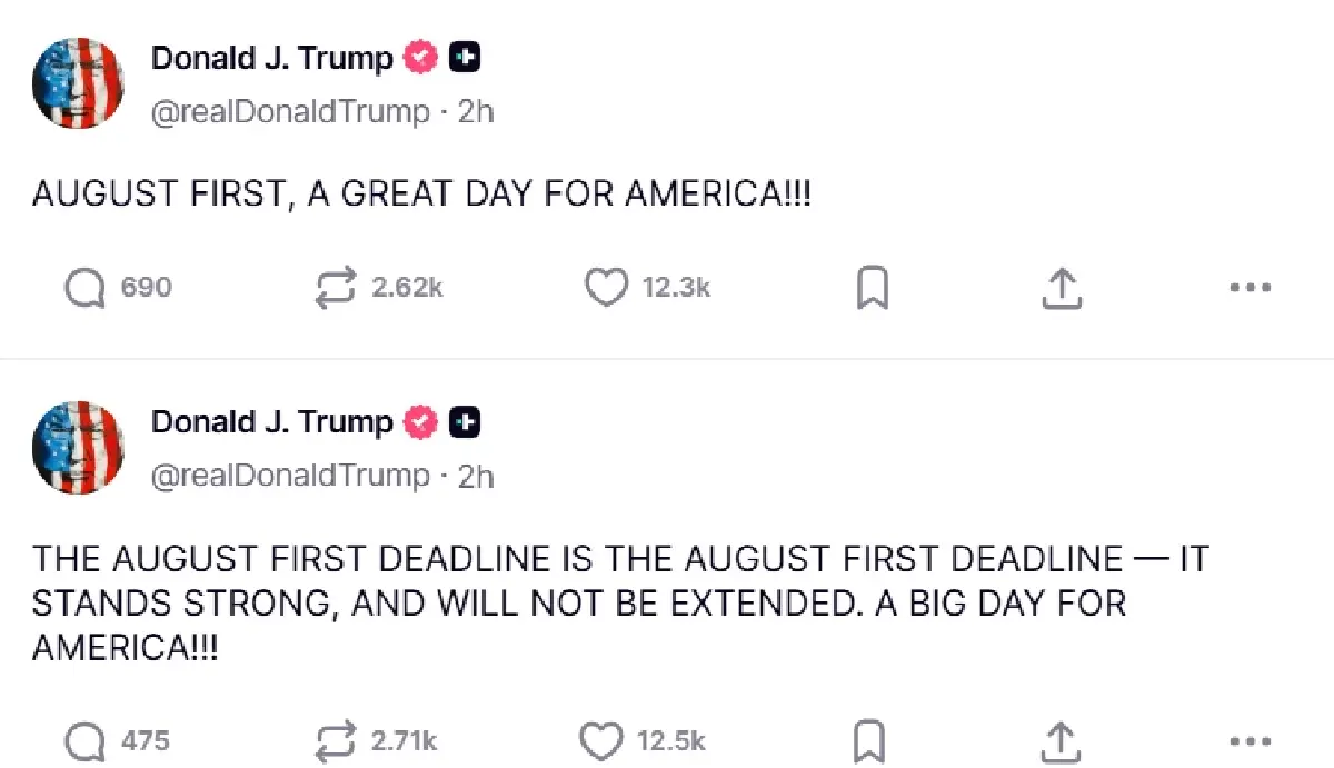 ทรัมป์โพสต์ 1 ส.ค.คือเส้นตาย ไม่เลื่อน!