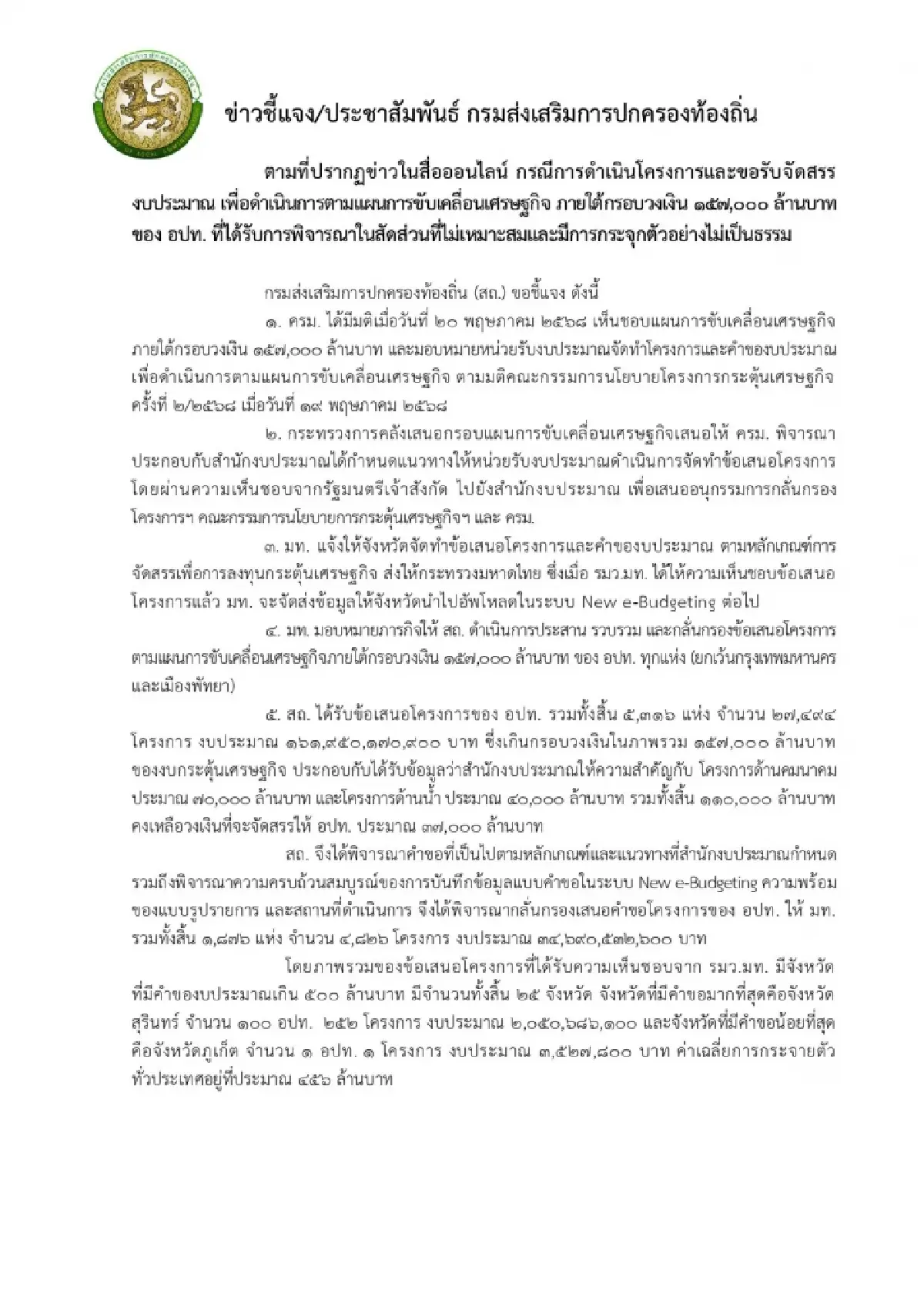 เกิดอะไรขึ้น ปมร้อน สถ. งบกระตุ้นเศรษฐกิจ 157,000 ล้าน ไม่เป็นธรรม