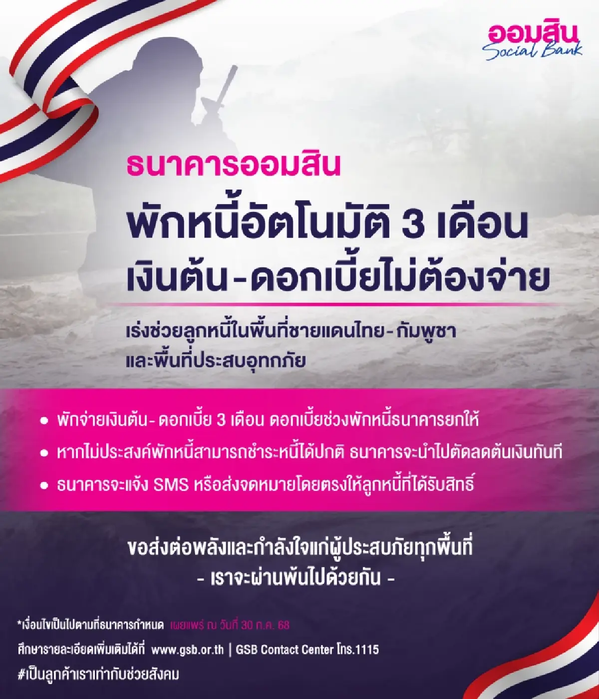 ออมสิน พักหนี้อัตโนมัติ 3 เดือน ยกดอกเบี้ย พื้นที่ชายแดนไทย-กัมพูชา