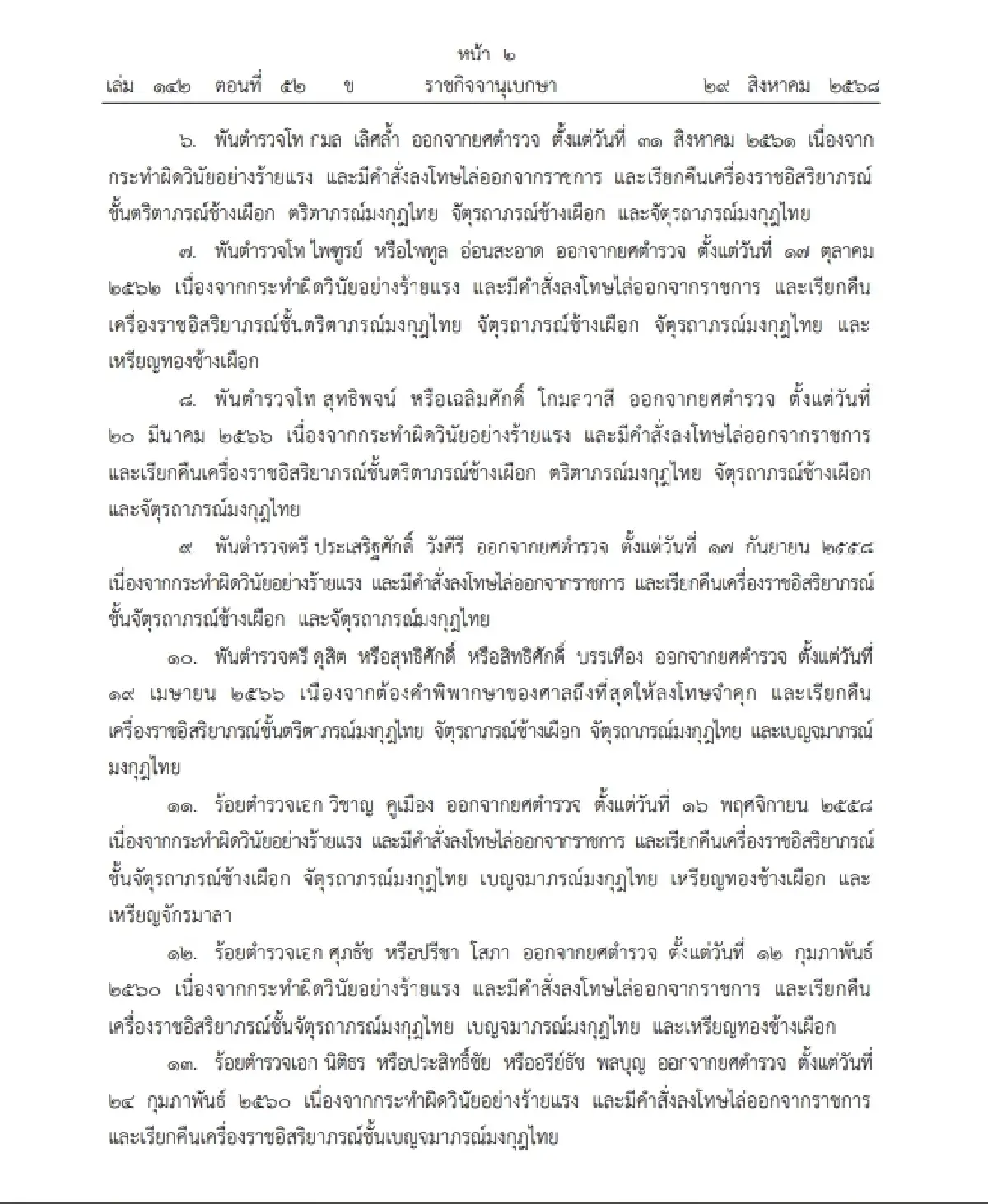 โปรดเกล้าฯ ถอดยศตำรวจ - เรียกคืนเครื่องราชอิสริยาภรณ์ จำนวน 34 ราย