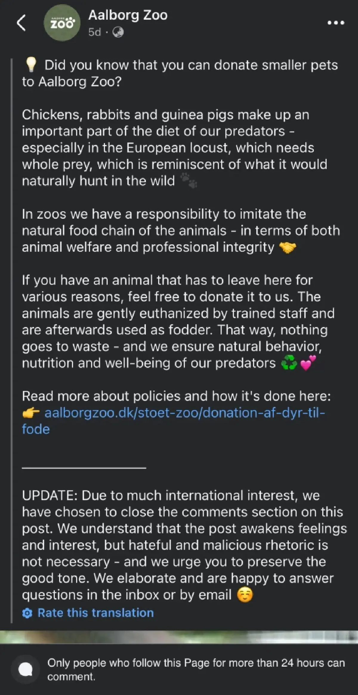 สวนสัตว์เดนมาร์กรับบริจาคสัตว์เลี้ยง เพื่อนำไปเป็นอาหารสัตว์นักล่า