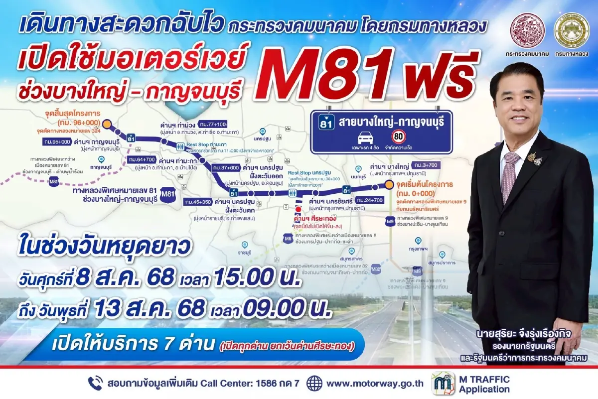 วันหยุดยาวนี้ วิ่งฟรี 6 วัน มอเตอร์เวย์ M81 บางใหญ่-กาญจนบุรี