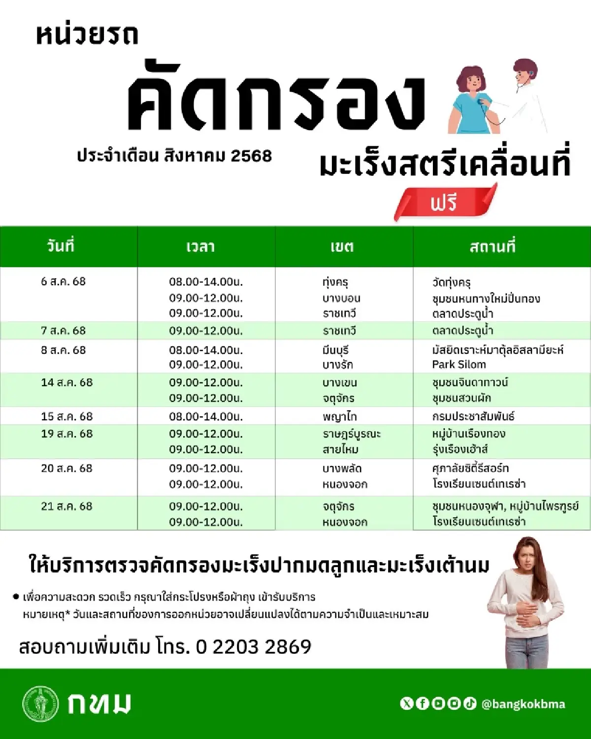 ตารางงาน หน่วยบริการคัดกรองมะเร็งสตรีเคลื่อนที่ ตลอดสิงหาคม 2568