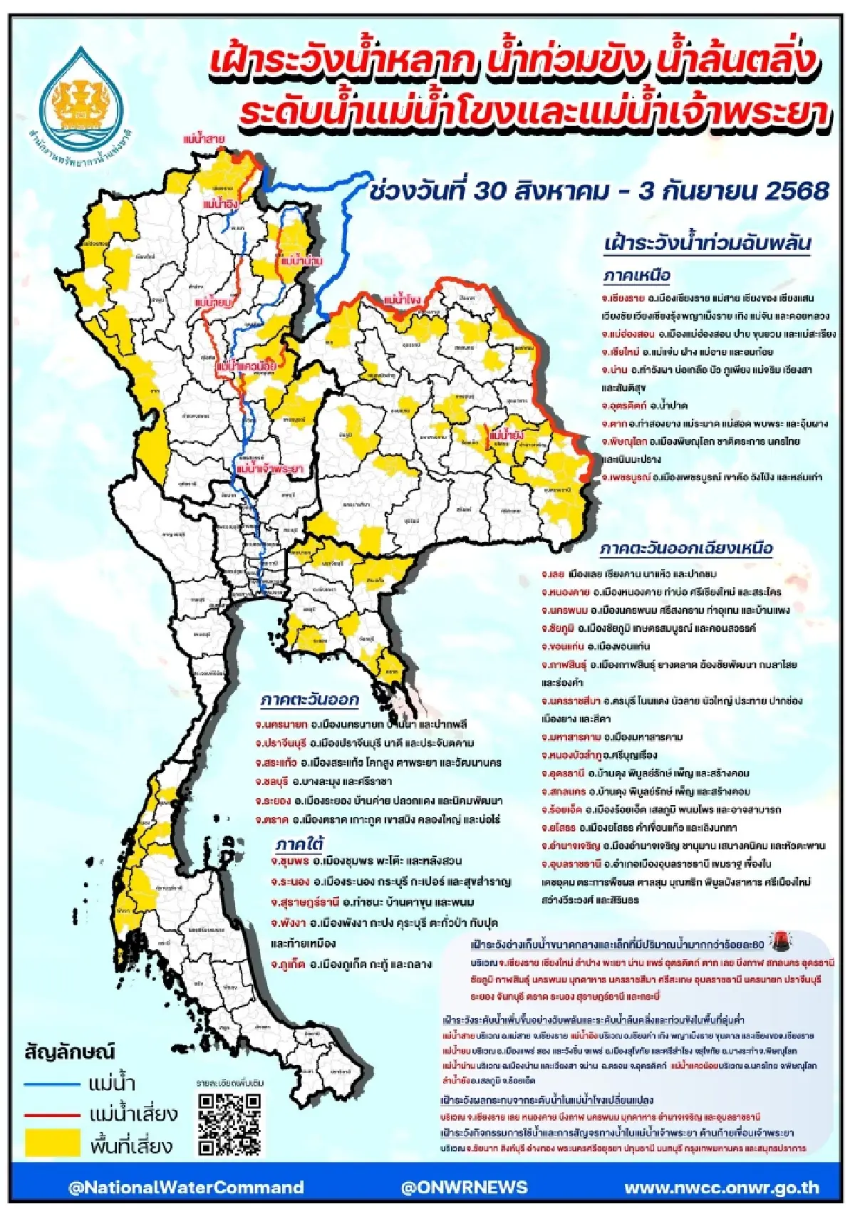 เช็กเลย! พื้นที่เสี่ยงน้ำท่วม น้ำป่าหลาก ช่วง 30 ส.ค. - 3 ก.ย. นี้