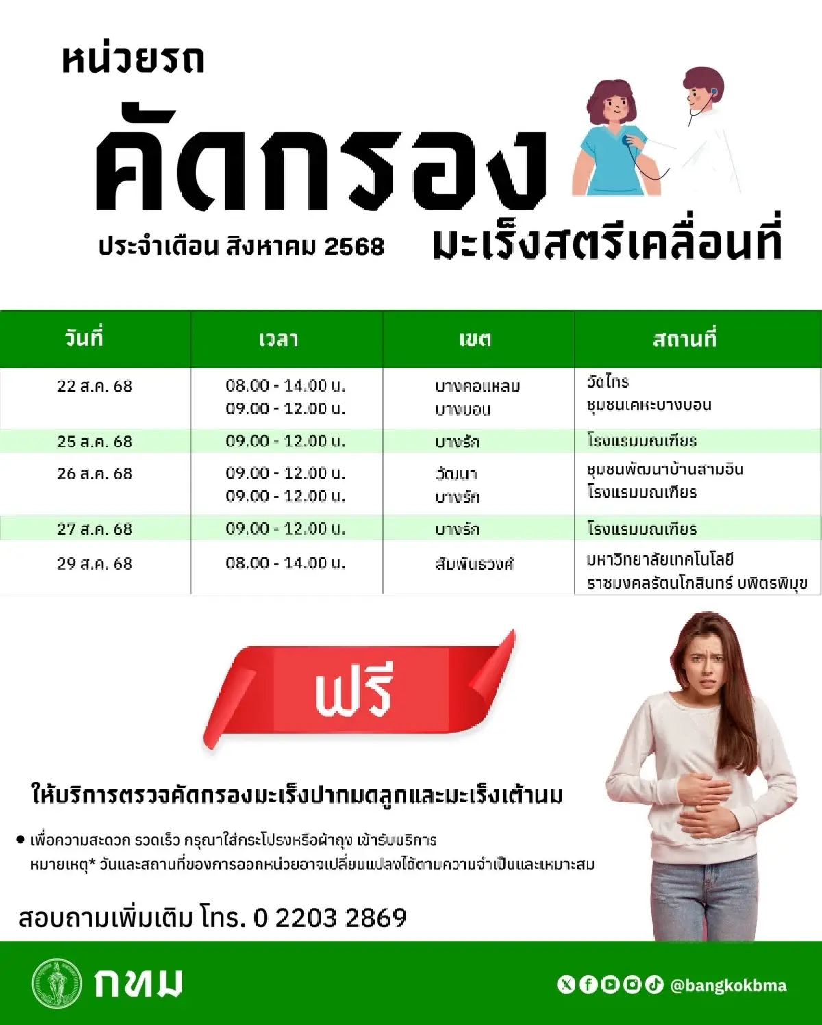 ตารางงาน หน่วยบริการคัดกรองมะเร็งสตรีเคลื่อนที่ ตลอดสิงหาคม 2568