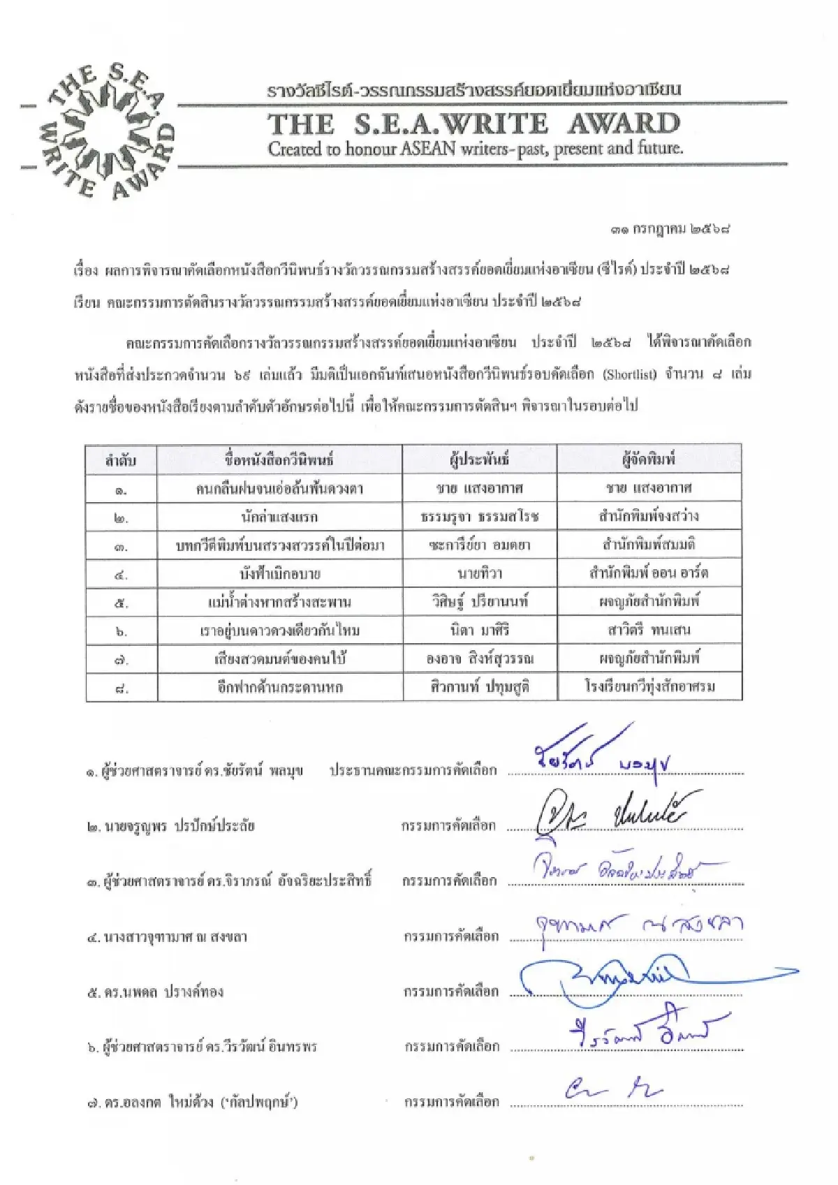 ‘ซีไรต์’ ประกาศรายชื่อ ‘บทกวี’ ปี 68 รอบ Shortlist จำนวน 8 เล่ม