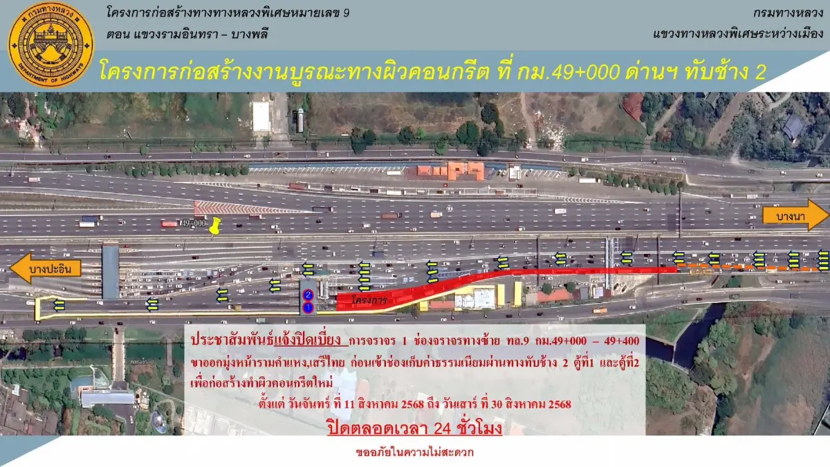 กระทบใครบ้าง ปิดถนน 20 วัน 24 ชม. ตรงวันหยุด ทล.9 ไป รามคำแหง - เสรีไทย