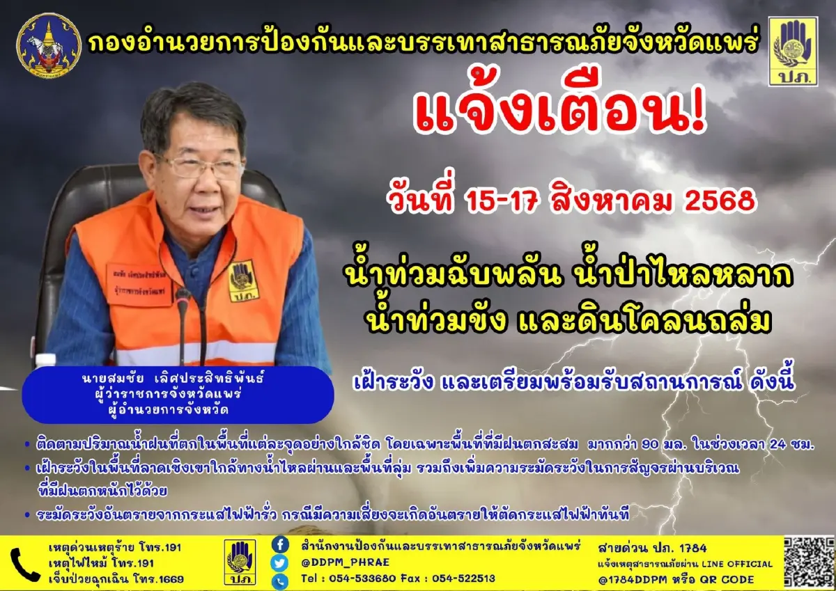 ด่วน เตือนภัยน้ำท่วมแพร่ ระวังดินถล่ม อ.ร้องกวาง ยกของขึ้นที่สูง