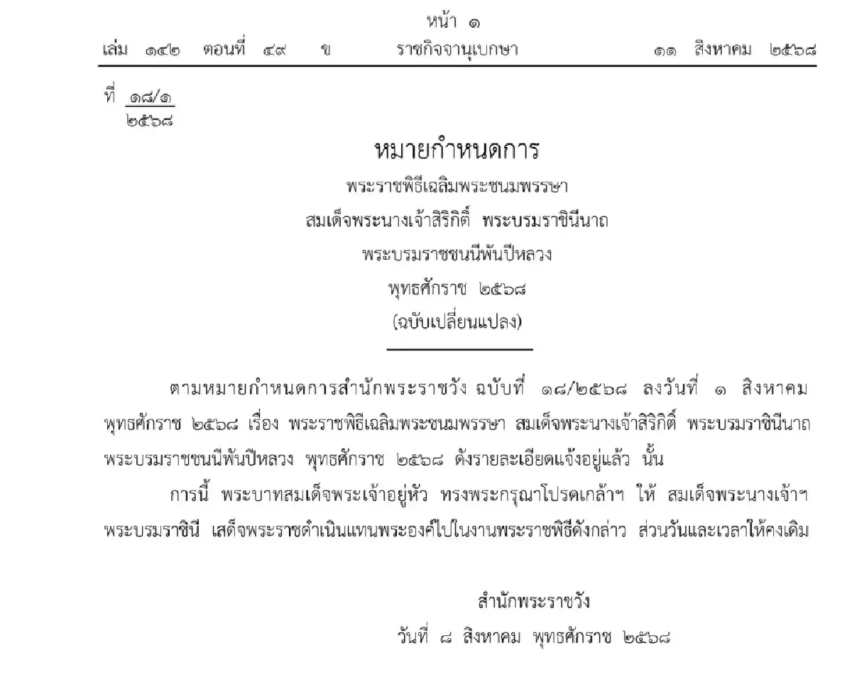โปรดเกล้าฯ 'พระราชินี' เสด็จฯ แทนพระองค์ พระราชพิธีวันแม่แห่งชาติ 2568