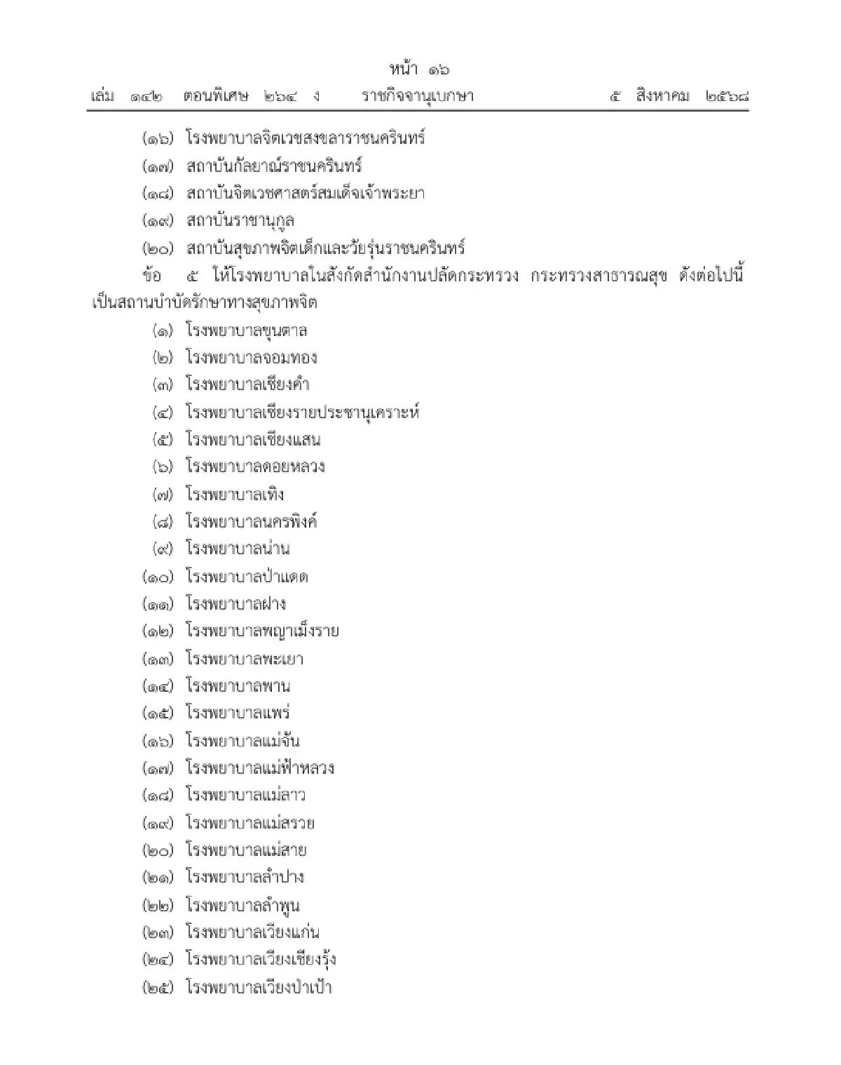 ราชกิจจาฯ ประกาศ รายชื่อสถานบำบัดรักษาทางสุขภาพจิต พ.ศ. 2568