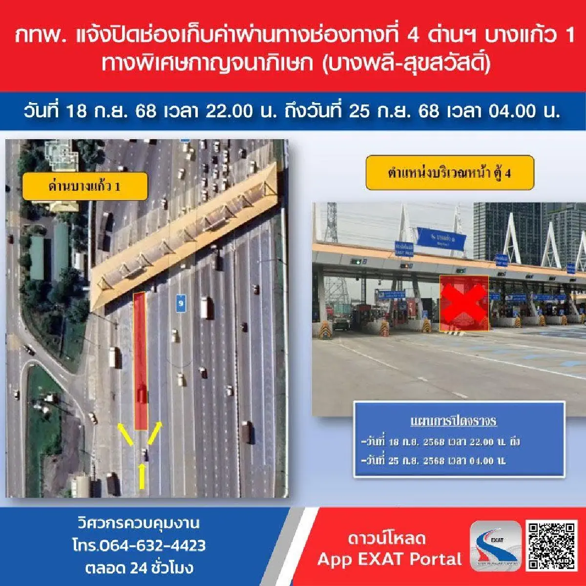 เช็ก! แจ้งปิดช่องเก็บค่าผ่านทาง ช่องทางที่ 4 ด่านฯ บางแก้ว 1 ตั้งแต่ 18-25 ก.ย.