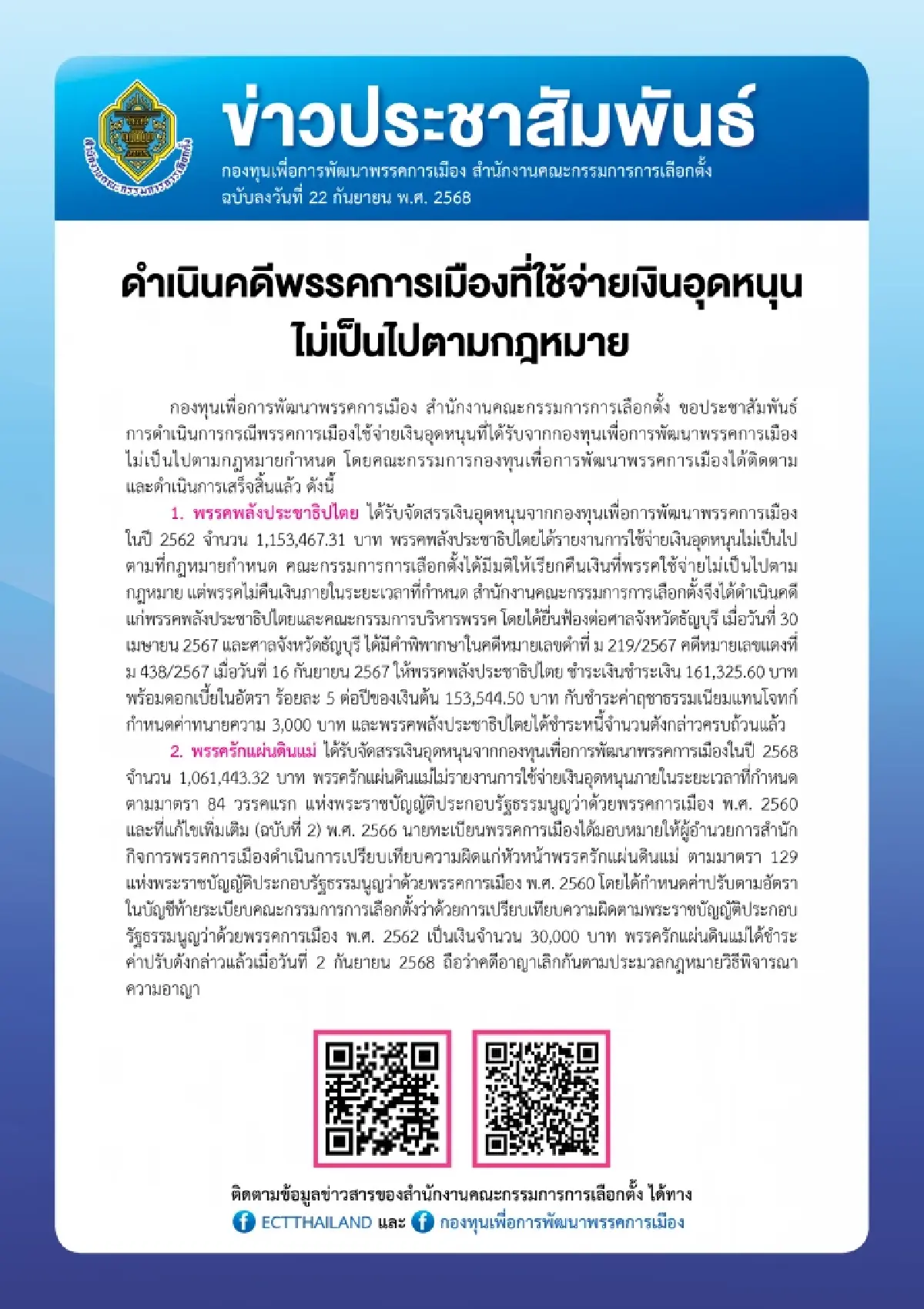 กกต.ฟ้องศาล-สั่งปรับ 2 พรรค ใช้เงินอุดหนุนฯ ไม่เป็นไปตามกฎหมาย