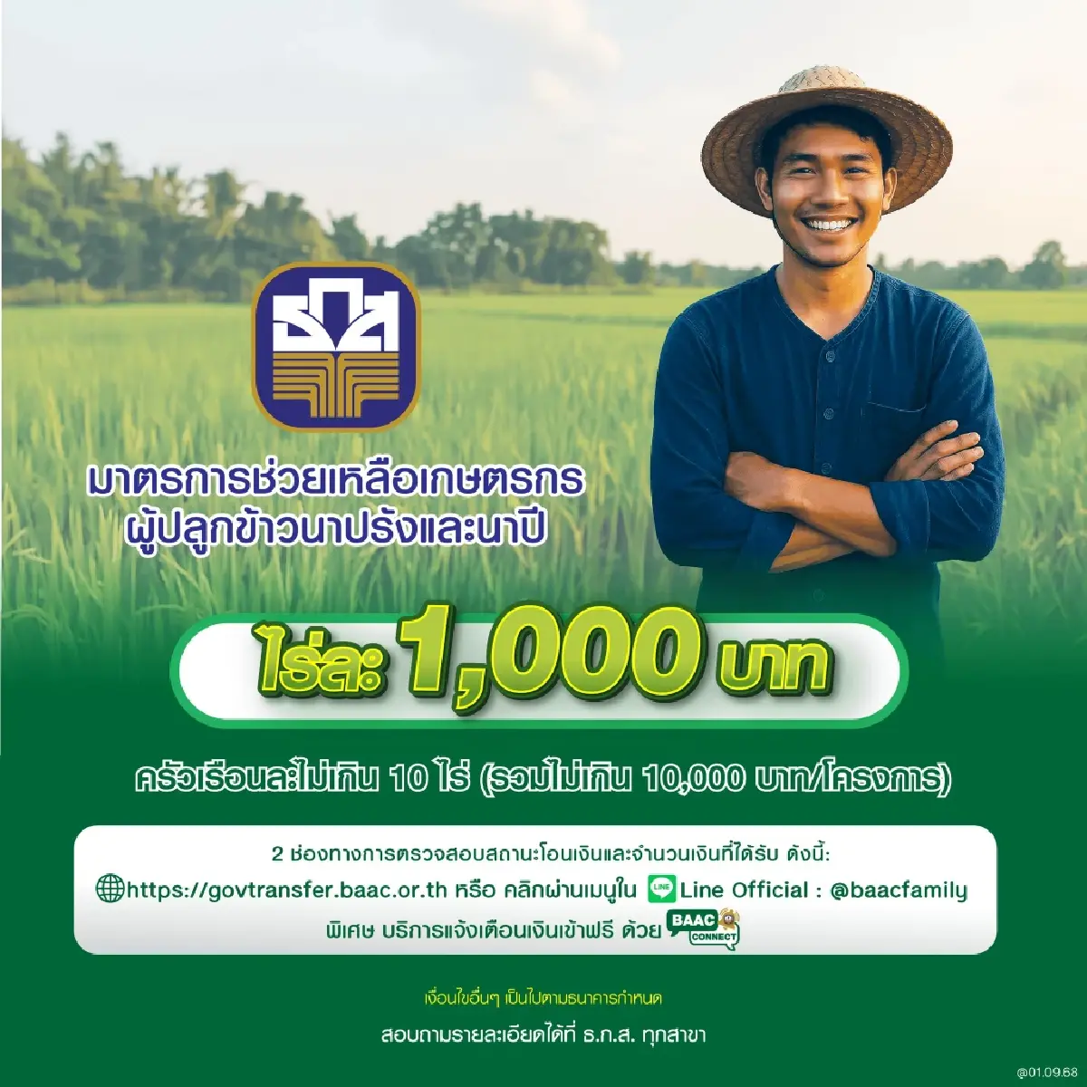 เช็กไร่ละ 1000 ถึงคิวสุดท้าย 'นาปรัง 68' ธกส จ่ายตรงช่วยเหลือชาวนา
